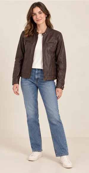Jou Jou Brown Faux Leather Moto Jacket Zip Pockets Size XS thumbnail 1