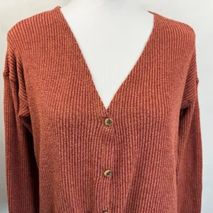 American Eagle Crop Top Sz XS Burnt Umber Ribbed Knit Button up VNeck Tie Front thumbnail 3
