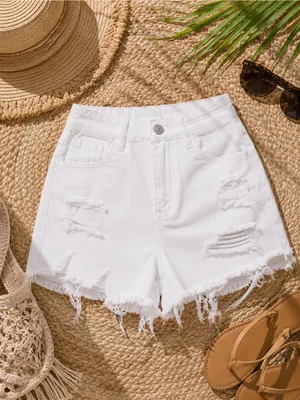 Source Unknown White High-Rise Distressed Denim Jean‎ Shorts thumbnail 2