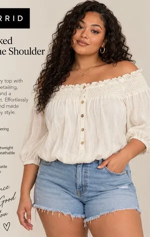Torrid Cream Smocked Off-Shoulder Button Front Top thumbnail 1