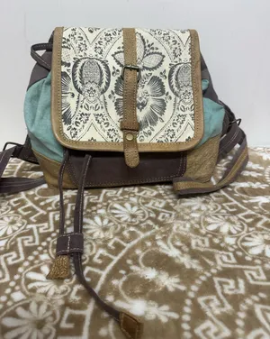 Myra Bag Teal, Brown & Cream Floral Flap Backpack thumbnail 1