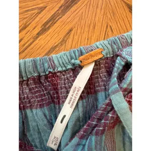 Free‎ People Turquoise Burgundy Plaid Smocked Off Shoulder Peplum Top XS thumbnail 2
