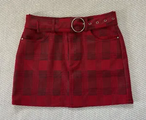Fashion On Earth Women’s Faux Leather Red Black Plaid Belted Mini Skirt Sz Xs Sexy Party thumbnail 1