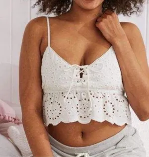 Aerie White Lace Up Eyelet Crop Cami Top thumbnail 5