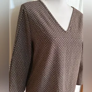 Ann Taylor Womens Blouse Brown Stretch Geometric Long Split Hem Sleeve Top M thumbnail 2