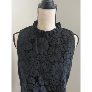 Ann Taylor Black Floral Lace Blouse Medium Ruffle Neck Office Chic Preppy Goth Coquette thumbnail 3