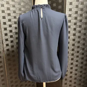 SheIn Chiffon Blouse Navy Ruffle Mock Neck Bishop Sleeve Work Modest Minimalist XS‎ thumbnail 3