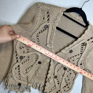 Unique Beige Knit Cardigan Sweater Buttons Fringe Tassel Boho‎ thumbnail 7