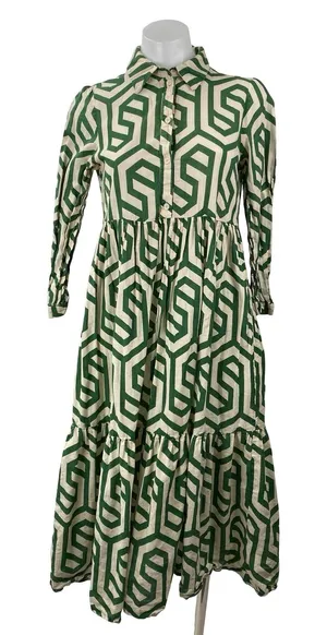 Zara Karen Green Geometric Long Sleeve Button Tiered A Line Midi Dress Size XS thumbnail 1