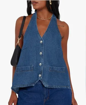 Women's Blue Denim Halter Vest Top Size Large Very Stylish thumbnail 1
