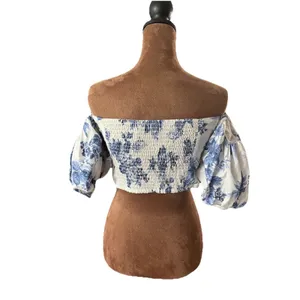Abercrombie & Fitch White Blue Emerson Floral Off Shoulder Crop Top Women M thumbnail 3