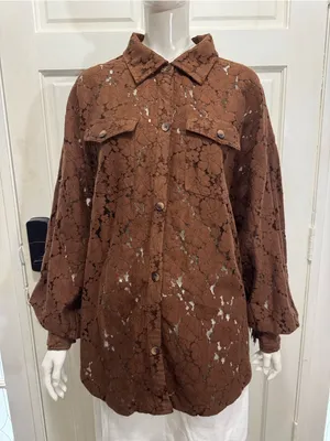 Shyanne Western Brown Lace-Overlay Frnge Shirt Jacket Size Large A1 thumbnail 5