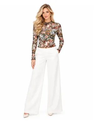 Alice + Olivia Floral Semi-Sheer Mock Neck Long Sleeve Cropped Mesh Top thumbnail 2