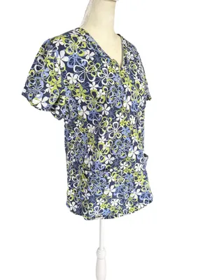 MC2 lime green and blue floral short sleeve v-neck scrub top front pockets L thumbnail 2