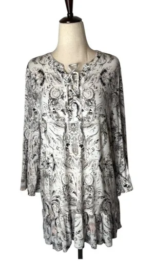 Tribal‎ Shirt Women Large Ivory Gray Floral Fleur Lace Up Neck Ruffle Hem Top thumbnail 1