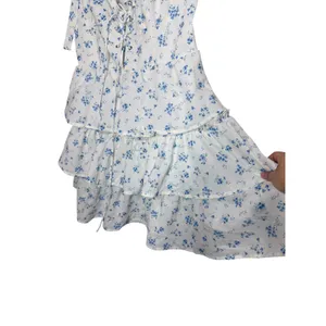 Cider‎ Blue Floral Tiered Mini Dress White Lace Up Corset Tie Shoulder Medium thumbnail 3