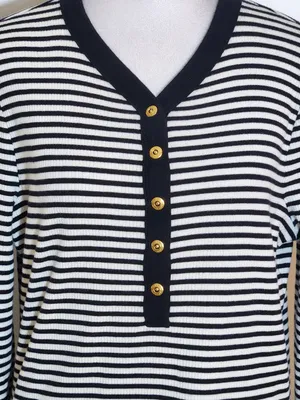 Lauren Ralph Lauren Womens Black and White Ribbed Knit Henley Size Large thumbnail 2