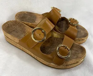 Michael Kors‎ Tan Leather Double Buckle Cork Platform Sandals Slides Sz 7-flaw thumbnail 1