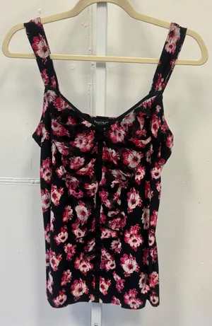 White House Black Market Floral Ruched V-Neck Tank Top Black Pink Size Large thumbnail 1