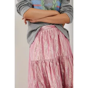 NWT Anthropologie Maeve Alicia in Pink Crinkled Metallic Maxi Skirt 2 thumbnail 2