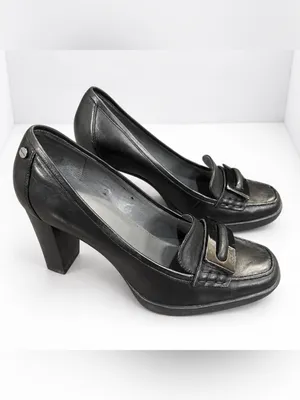 Vintage 90s Calvin Klein Black Leather Square Toe Loafer Pumps Y2K Block Heels thumbnail 2