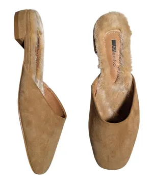 Anthropologie Matiko Camel Tan Suede Shearling Lined Square Toe Mules 36 5.5 thumbnail 1