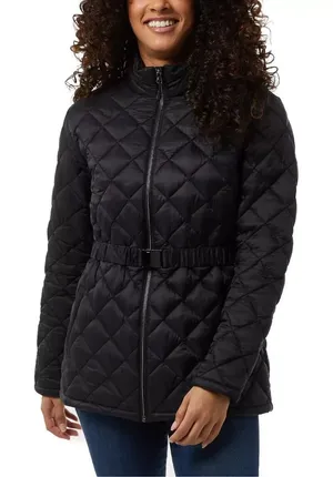 NEW 32 Degrees Women’s Diamond Quilt Belted Puffer Mock Neck Black Jacket Size L thumbnail 1