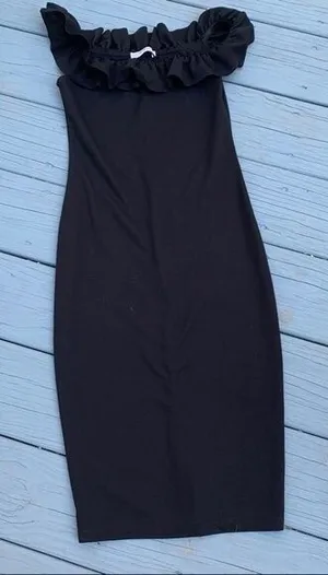 Zara Off Shoulder Ruffle Black Body Con Dress thumbnail 1