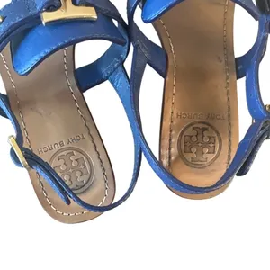 Tory Burch Casey Wedge Sandals Blue Nile Gold Logo‎ Thong 8 thumbnail 3
