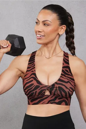 Fabletics Oasis Twist Medium Impact Sports Bra Sz XS in Mahogany‎ Zebra Stroke thumbnail 1