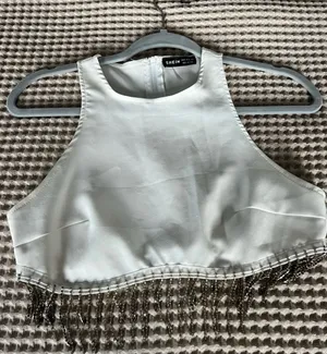 SHEIN White Beaded Fringe Halter Crop Top with Silver Accents thumbnail 1
