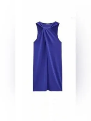 NWT Zara Royal Blue Halter Twist Neck Dress Size Large thumbnail 3