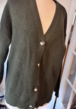 MEROKEETY Olive Green Ribbed V-Neck Cardigan Sweater thumbnail 7