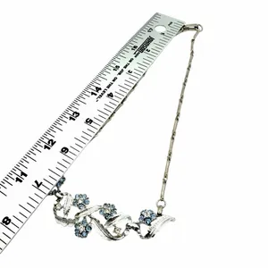 Vintage Blue Rhinestone Floral Leaf Statement Necklace Silver thumbnail 8