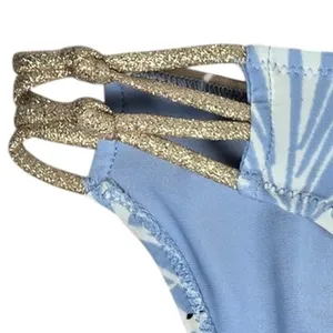 Aerie Women Blue Tan‎ Tropical Palm Leaf Strappy Bikini Bottom Size L 1753-2363 thumbnail 3