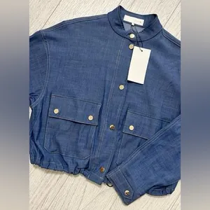 Zara NWT navy blue denim print pocket front bomber jacket thumbnail 5
