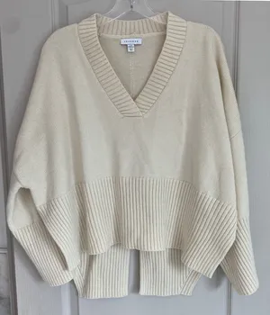 Topshop Womens Cream V-Neck Split Back Oversized Knit Sweater Ivory XS 0-2‎ thumbnail 1