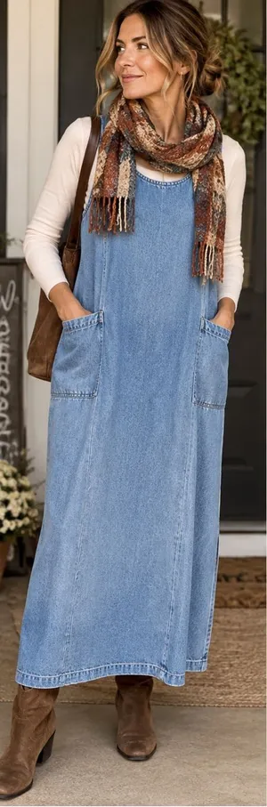 Vintage Denim Jumper Midi Dress M Utility Pockets 100% Cotton 90s Country thumbnail 1