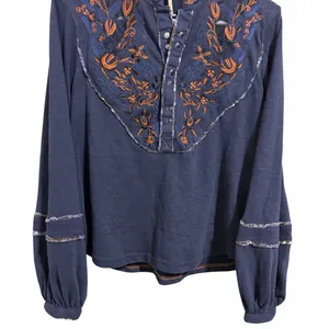 Free People Sundance Kid Embroidered Western Henley Top Navy Women's‎ Size XS thumbnail 5