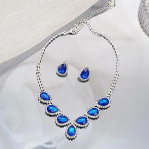 Bridal Wedding Jewelry Set Crystal Sapphire Bridesmaid Party Necklace Drop Dangle Earrings Set thumbnail 2