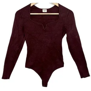 Abercrombie & Fitch Brown Ribbed Knit V-Neck Long Sleeve Sweater Bodysuit Size S thumbnail 1