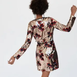 ZARA Gold with Red & Black Floral‎ Sequins Crossover Wrap Mini Dress Size XS thumbnail 6