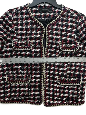 Zara Basic Tweed Bouclé Jacket Women’s L Red Black White Gold Trim Blazer thumbnail 5
