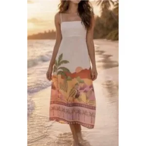 New Paper Heart Strapless Maxi Dress Linen Tropical Palm Print Resort Size Small thumbnail 3