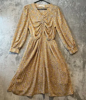 Floral Midi Dress Yellow Ruched Front Pleated Skirt Cottagecore Indie Feminine M thumbnail 1