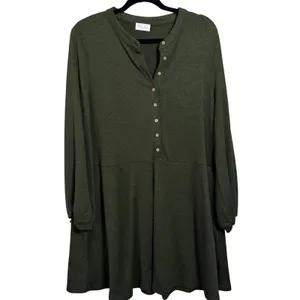 Pink Lily Olive‎ Green Waffle Knit Button Neck Swing Dress Size L thumbnail 3