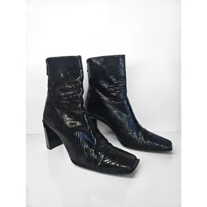 Stuart Weitzman Black Snake Embossed Leather Square Toe Block Heel Boots‎ 8.5 AA thumbnail 9