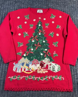 Vintage 90s Christmas Sweater TIARA Women L Red Tree Embroidered‎ Embellished thumbnail 1