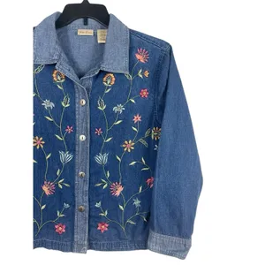 VTG 90s Bobbie Brooks Embroidered Floral Mixed Denim Shirt Button Up L Boho thumbnail 3