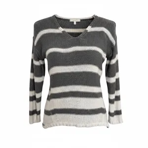 RDI gray white striped open knit V-neck sweater acrylic Size Small thumbnail 2
